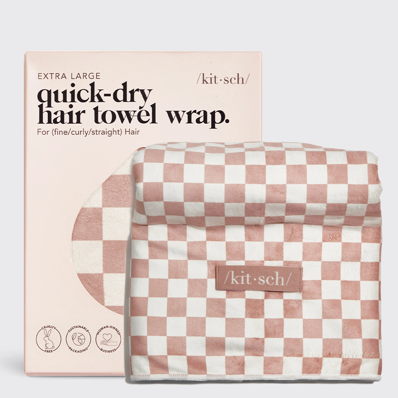 KITSCH Extra Large Quick-Dry Hair Towel Wrap - Terracotta Checker
