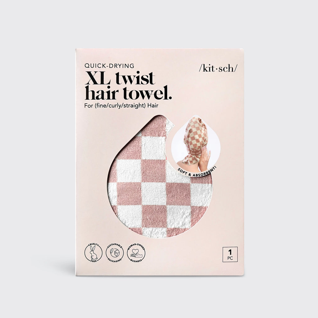 KITSCH Extra Large Quick-Dry Hair Towel Wrap - Terracotta Checker