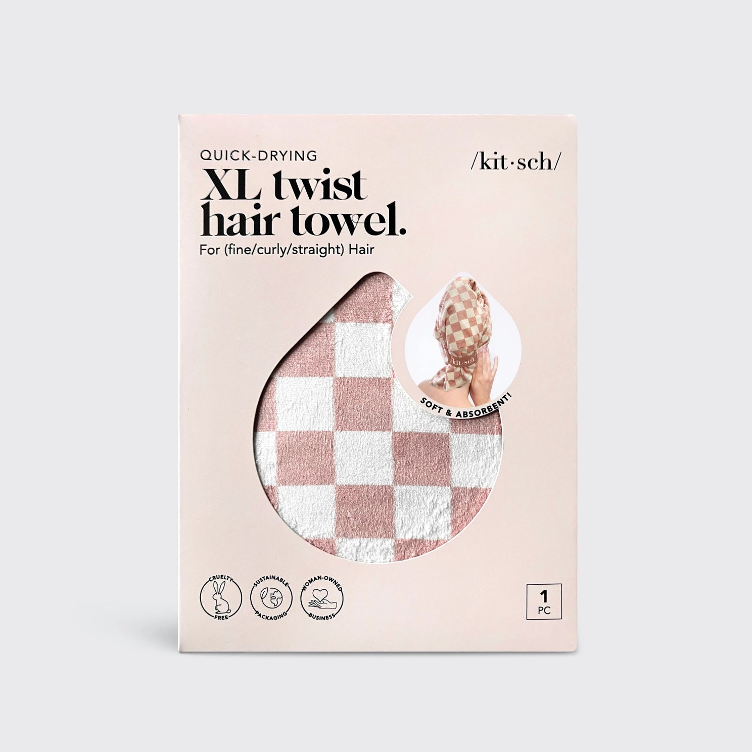 KITSCH Extra Large Quick-Dry Hair Towel Wrap - Terracotta Checker