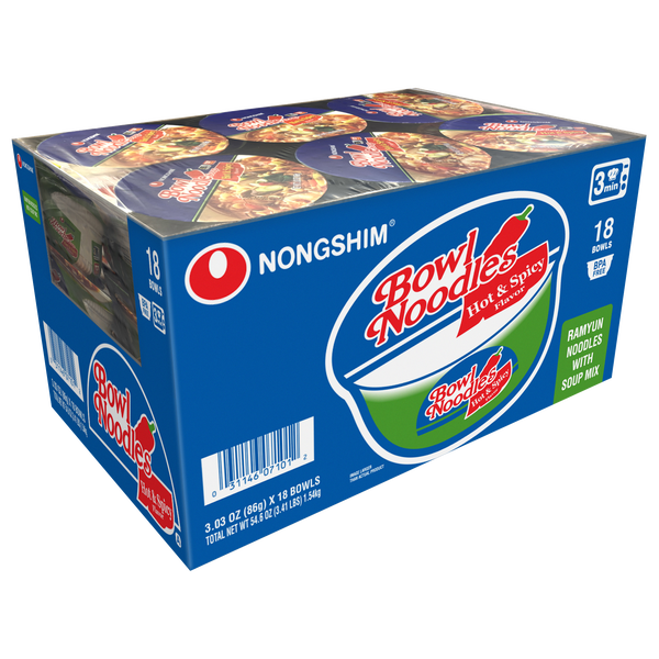 Nongshim, Hot & Spicy Ramyun Noodle Bowl, 3.03 oz, 18-count