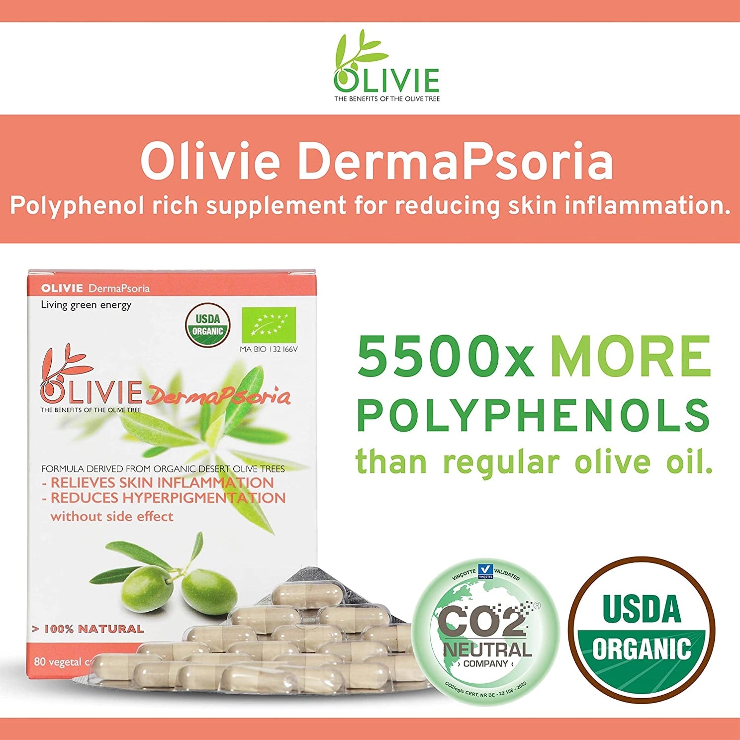 ATLAS Olivie Dermapsoria Organic Olive Leaf Extract | 80 Capsules