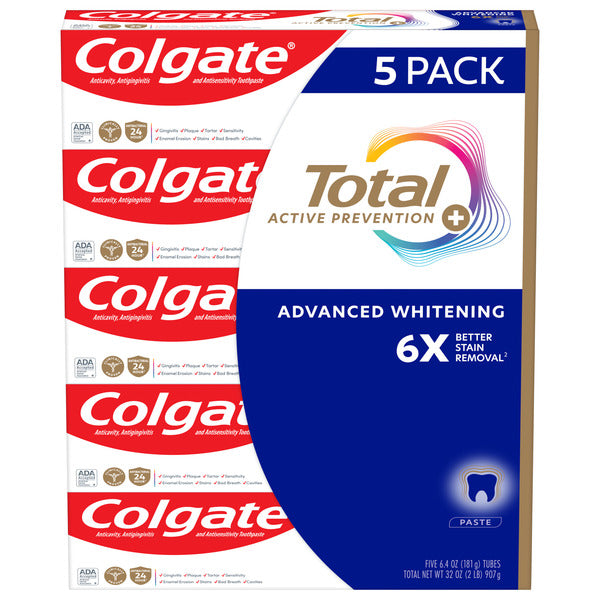 Colgate Total Active Prevention Plus Advanced Whitening Toothpaste, 6.4 oz, 5-pack
